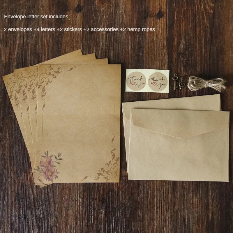 Retro Vintage Kraft Envelope Letter Pad Set Old Europe Style Love Letter Invitation Envelopes Writing Paper With Rope