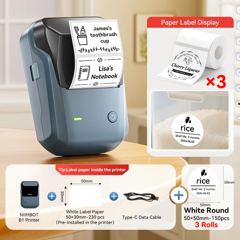 Portable Niimbot B1 Wireless Label Maker Adhesive Sticker Printer Labeling Machine DIY 20-50mm Labels for Office Home