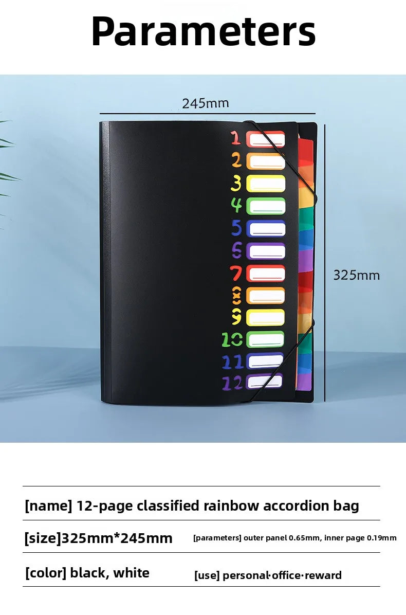 A4 12-Pocket Rainbow Accordion File Folder, Elastic Band Expanding Document Organizer with Index Tabs for School Office