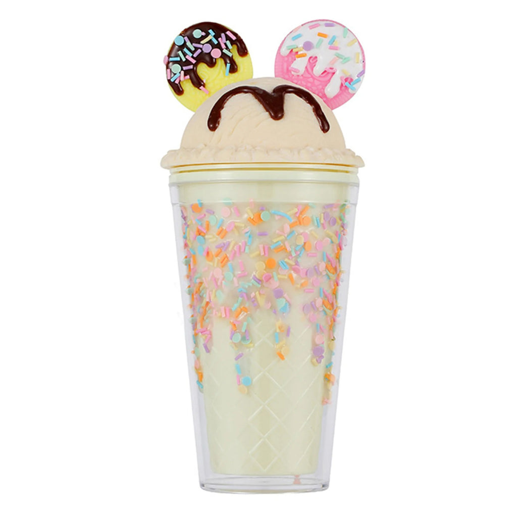 450ml Fashion Cartoon Ice Cream Straw Cup Adorable Plastic Bear Drinking Cup With Lid Milk Tea Cup For Women Girls Outdoor Home