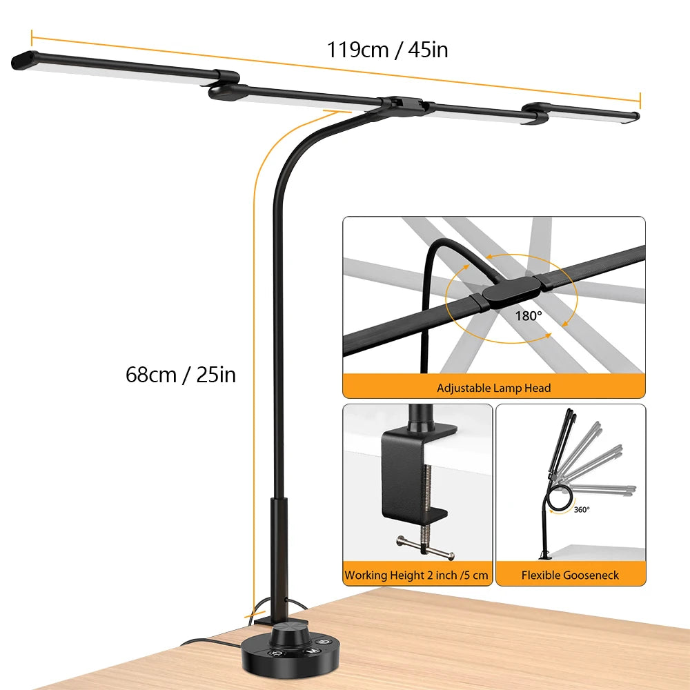 LED Ultra Bright Eye-Caring Desk Lamp 24W Stepless Dimming Flexible Gooseneck Clip-on Office Architect Desk Lamp PC Screen Lamp