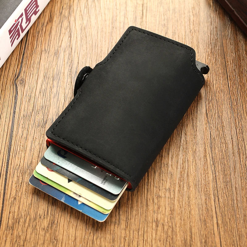 Rfid Credit Card Holder Luxury Split Leather Wallet Men Metal Slim Thin  Minimalist Wallet Bank Cardholder Case Travel Wallet