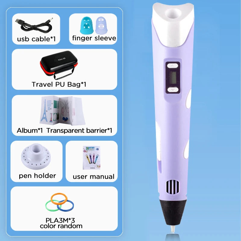 3D Pen With LCD Screen Compatible PLA Filament Toys 3D Drawing Printing Pen for Children DIY Christmas Birthday Gift
