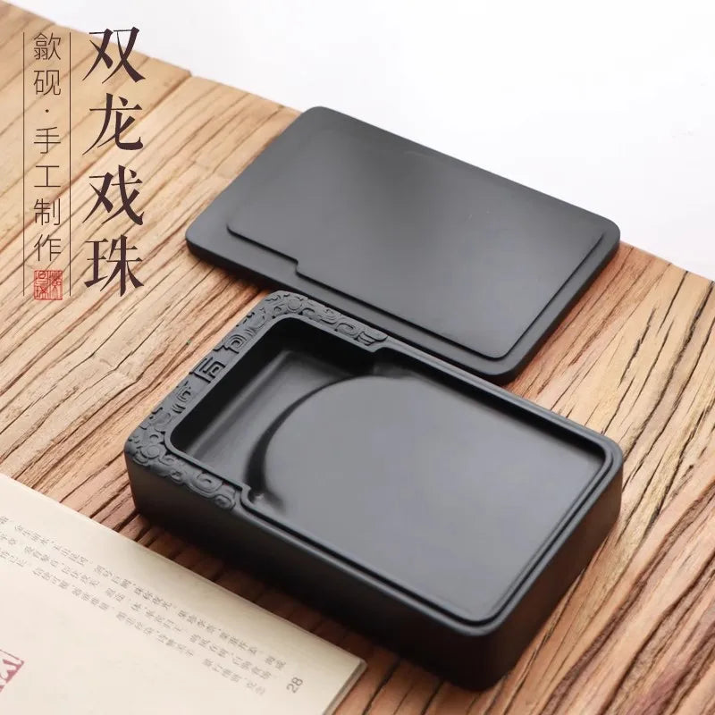 Natural Stone Rectangular Inkstone with Lid - Traditional Chinese Calligraphy Ink Slab, Four Treasures, Handmade Art Gift