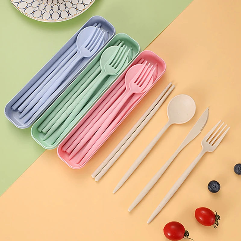 4Pcs/Set Portable Utensils With Box Healthy Eco-Friendly Wheat Straw Cutlery Reusable Chopstick Fork Knife Spoon Tableware Set