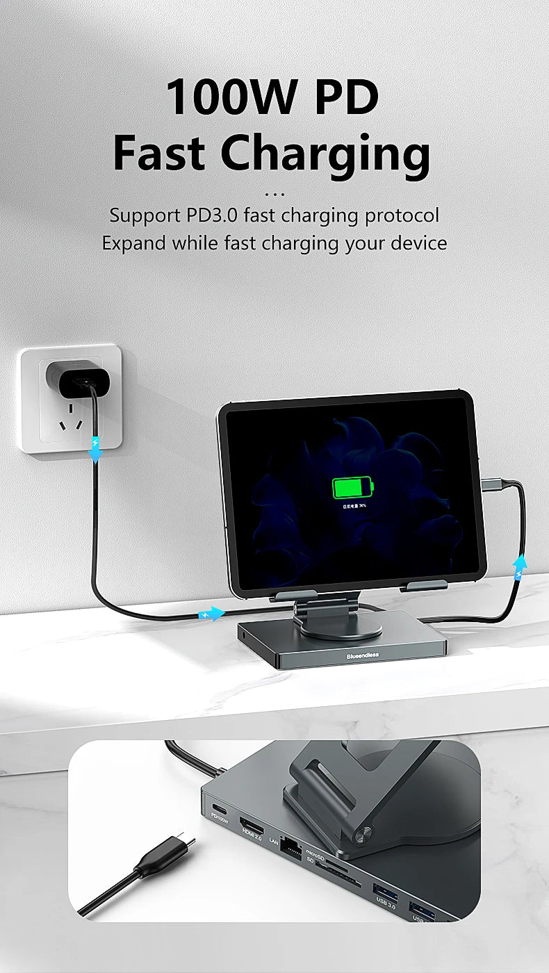 Blueendless Ipad Stand USB C Hub 4K 60HZ HD Type-C 100W PD SD/TF Slot Reader USB 3.0 5Gbps 9 In 1 Type-C Hub Ipad Holder