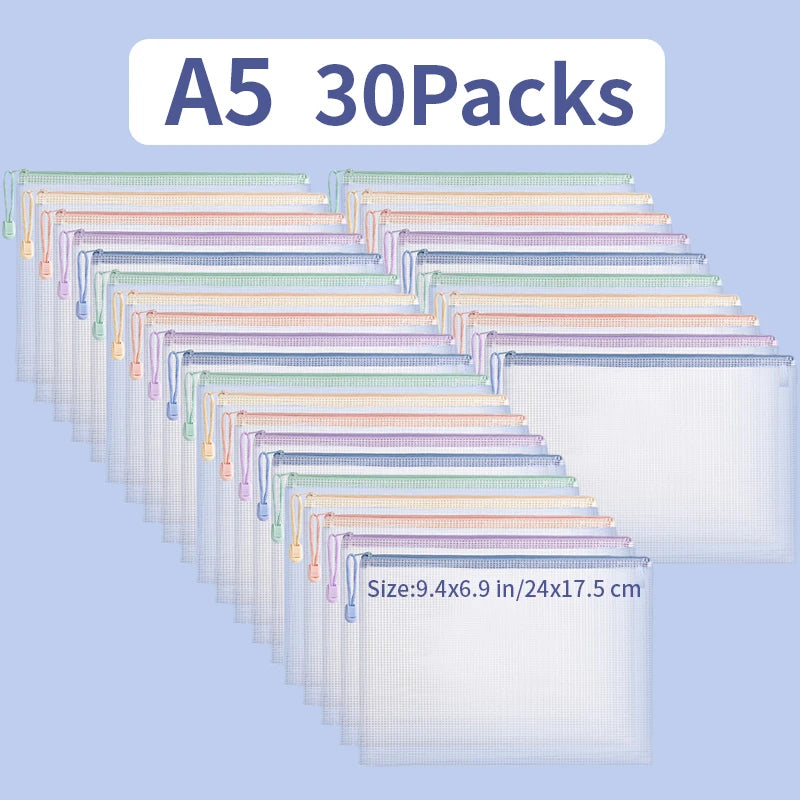 5/10/20/30PCS Mesh Zipper Pouch Document Bag Waterproof Zip File Folders A4 A5 Size Office School Supplies Document Storage Bags