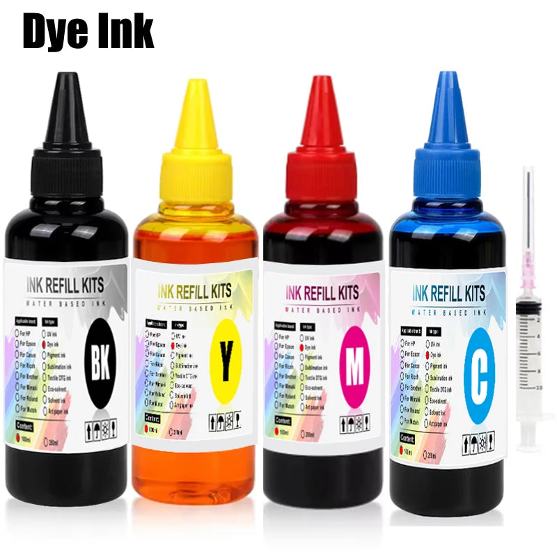 100ml Universal Dye Ink BK C M Y Kit Compatible For HP Canon Epson Brother Deskjet Inkjet Printer Tank Cartridges CISS