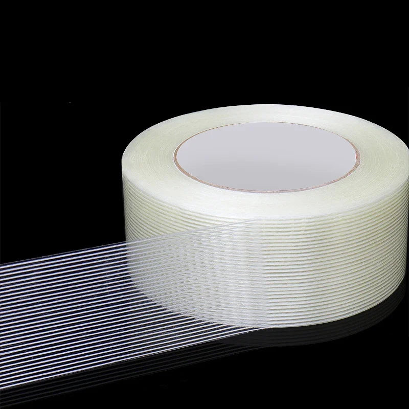 50M Striped Fiber Tape Lithium Battery Pack Insulation Wrap Fiberglass Transparent Single Side Adhesive Seal Packaging Fixed