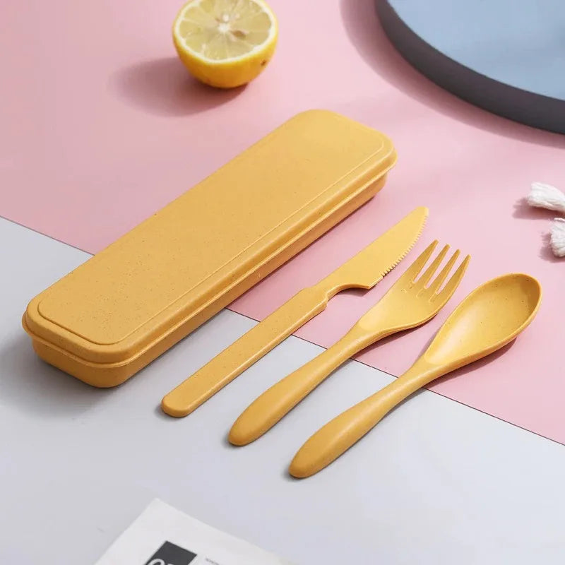 Portable Wheat Straw Dinnerware Set Reusable Knife Fork Spoon Travel Utensil Box 3In1 Tableware Kit For Tableware School Office