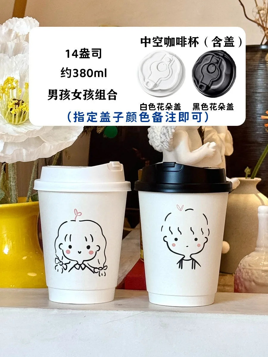 50 Sets of Coffee Packaging Cups Thickened and Heat-resistant Disposable Paper Cups Handdrawn Boys and Girls Juice Milk Mug