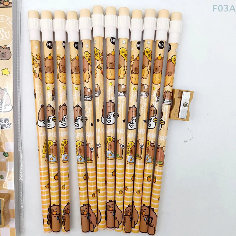 12pcs Cute Cartoon Capybara HB Pencils Stationery Set With Pencil Sharpener School Students Stationery Gift