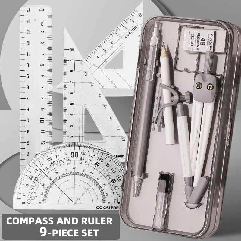 Compasses and Rulers 9-piece Set Kawaii Triangle Ruler Ruler Student Set Ruler Multi-functional Mathematical Drawing Compass Set
