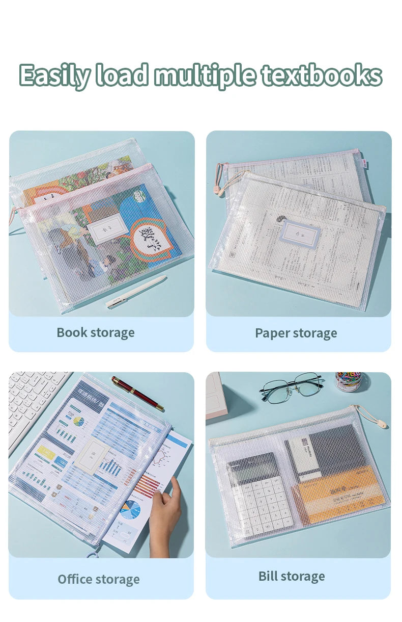 5/10/20/30PCS Mesh Zipper Pouch Document Bag Waterproof Zip File Folders A4 A5 Size Office School Supplies Document Storage Bags