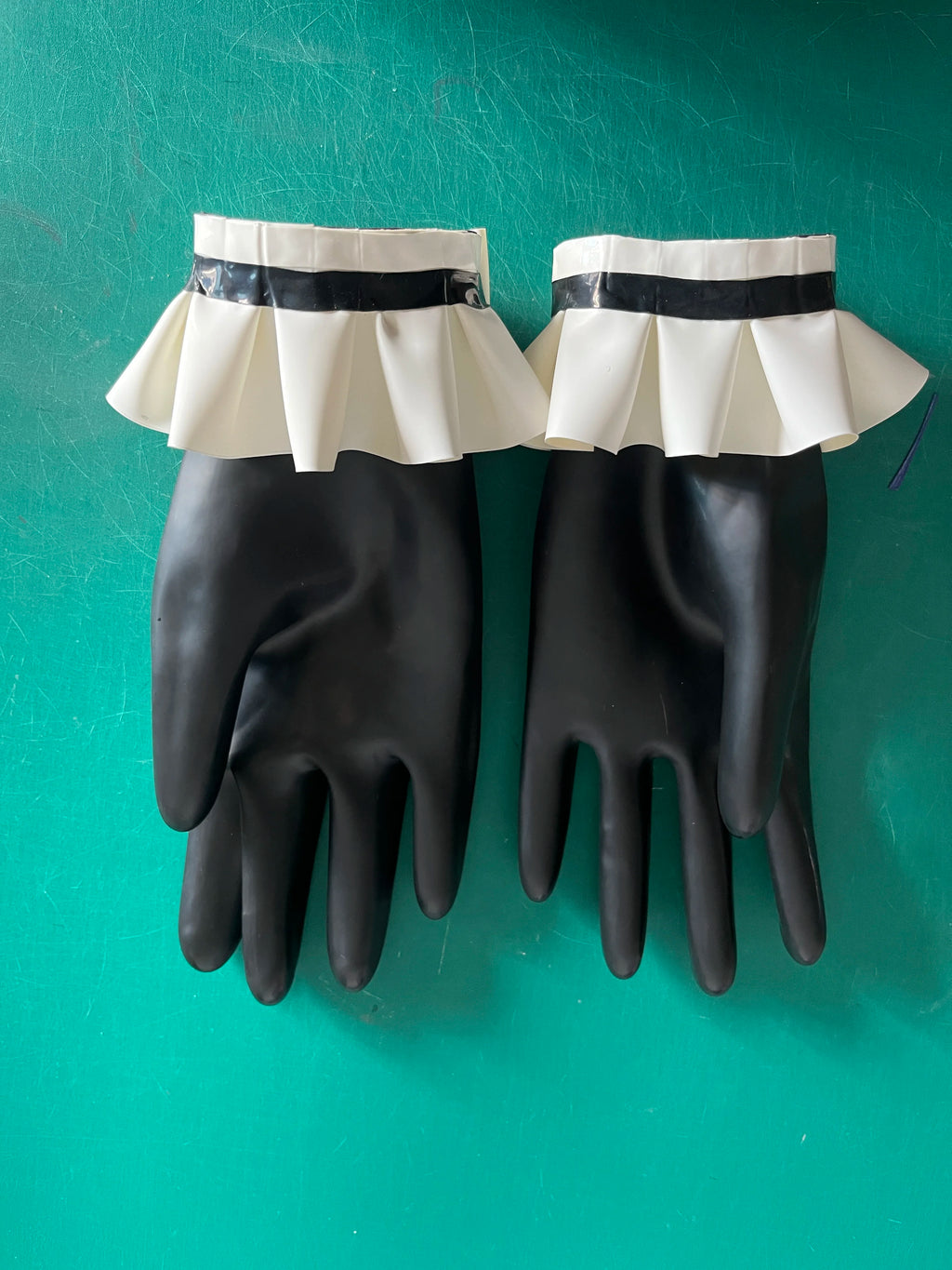 Sexy Black Fetish Latex Gloves Wrist Length with Lace and Bow
