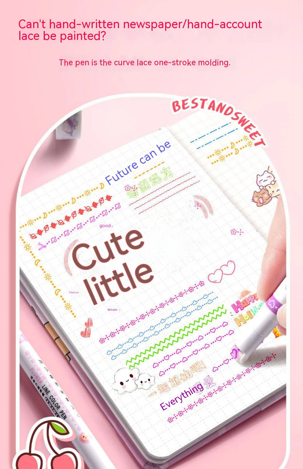 Kawaii Flowers Line Shaped Highlighter Pens, Roller Tip, Curve Liner, Marker for Writing, Journaling,Drawing Stationery, 6Pc Set