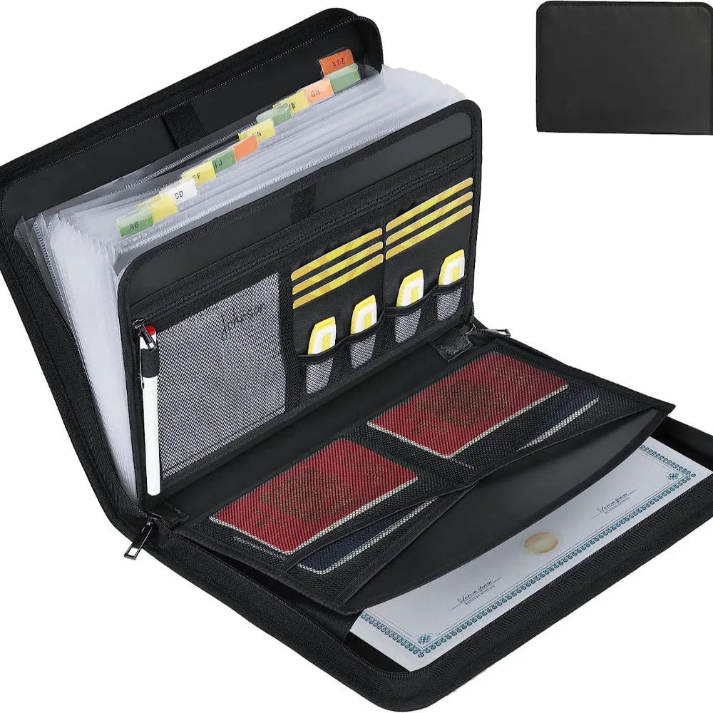 13 Pockets Accordion File Organizer Fireproof Portable Document Bag with Zipper & Labels Expanding File Folder