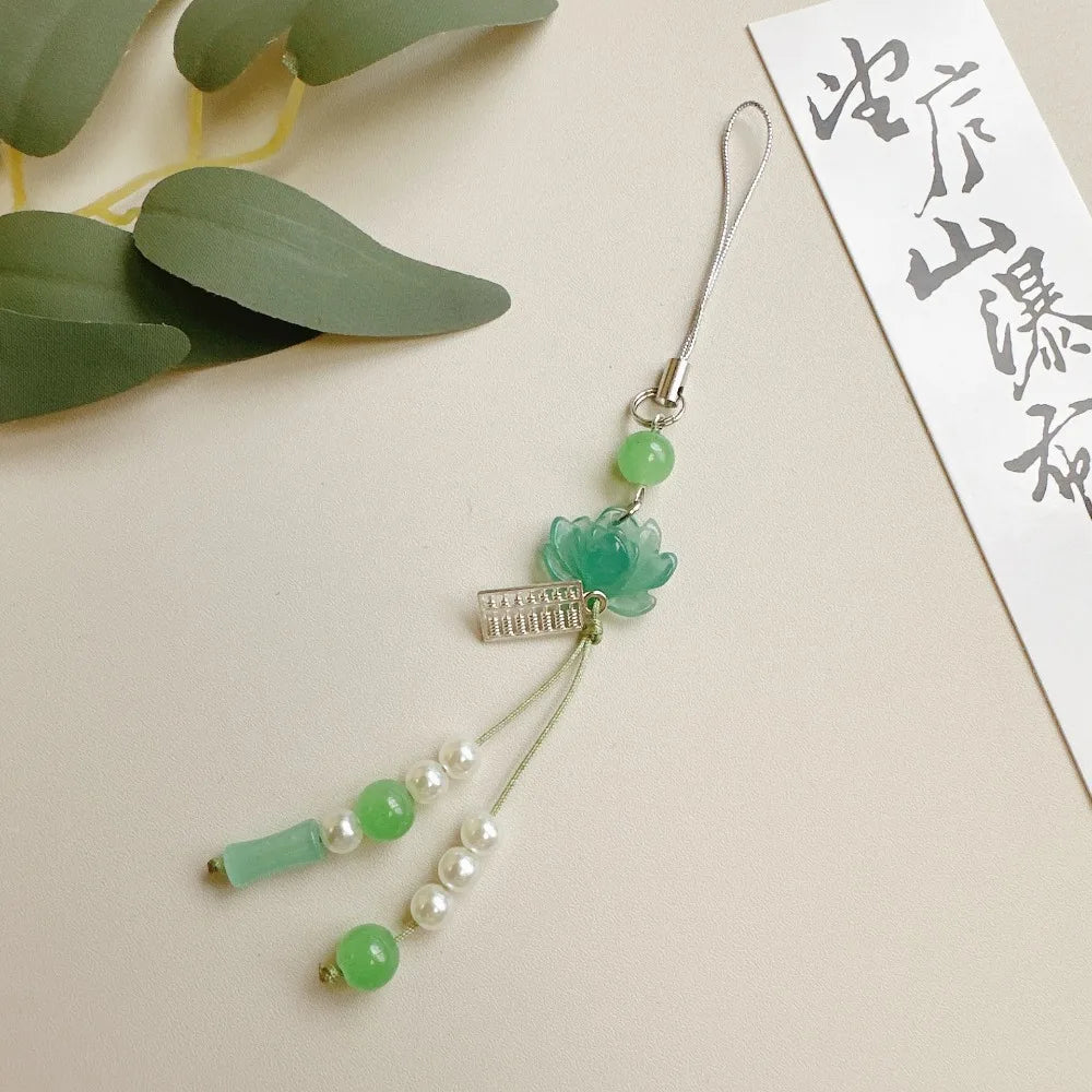 New Chinese-style Handmade Beaded Lotus Pendant Key Chains Mobile Phone Chain for Women Men Ethnic Charm Jewelry Accessory Gift