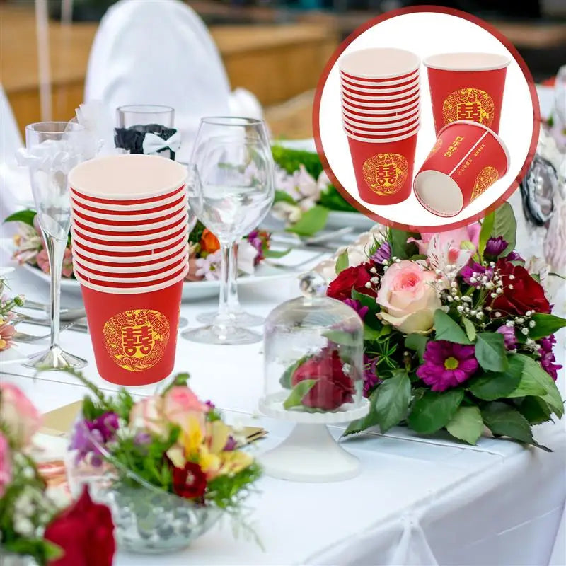 100Pcs Red Double Happiness Paper Cup Chinese-style disposable Festival Tea cup Wedding Banquet Serving drinking cups