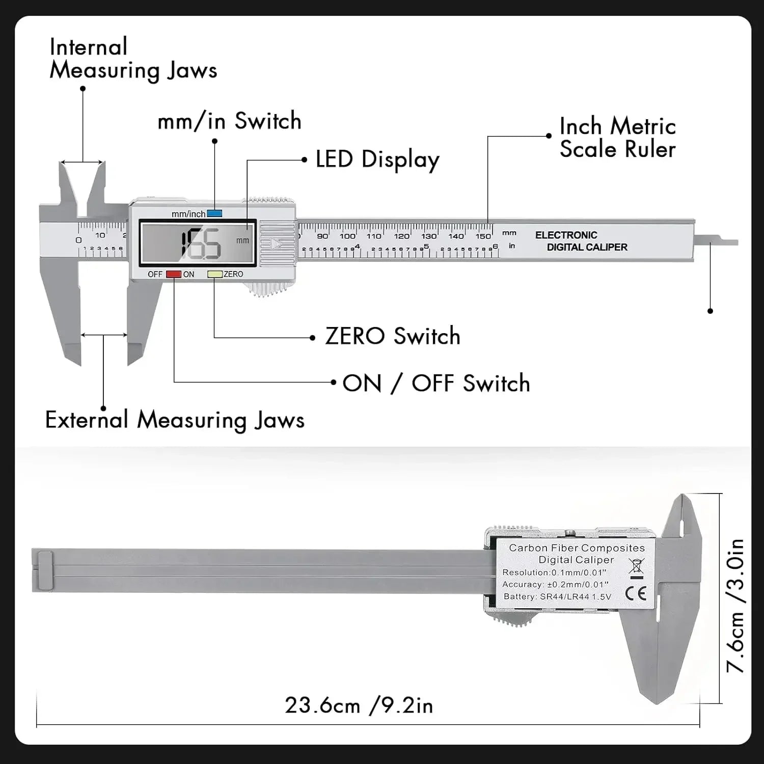Electronic Digital Caliper, Inch and Millimeter Conversion, LCD Screen Display 0-6” Caliper Measuring Tool, Auto Power Off