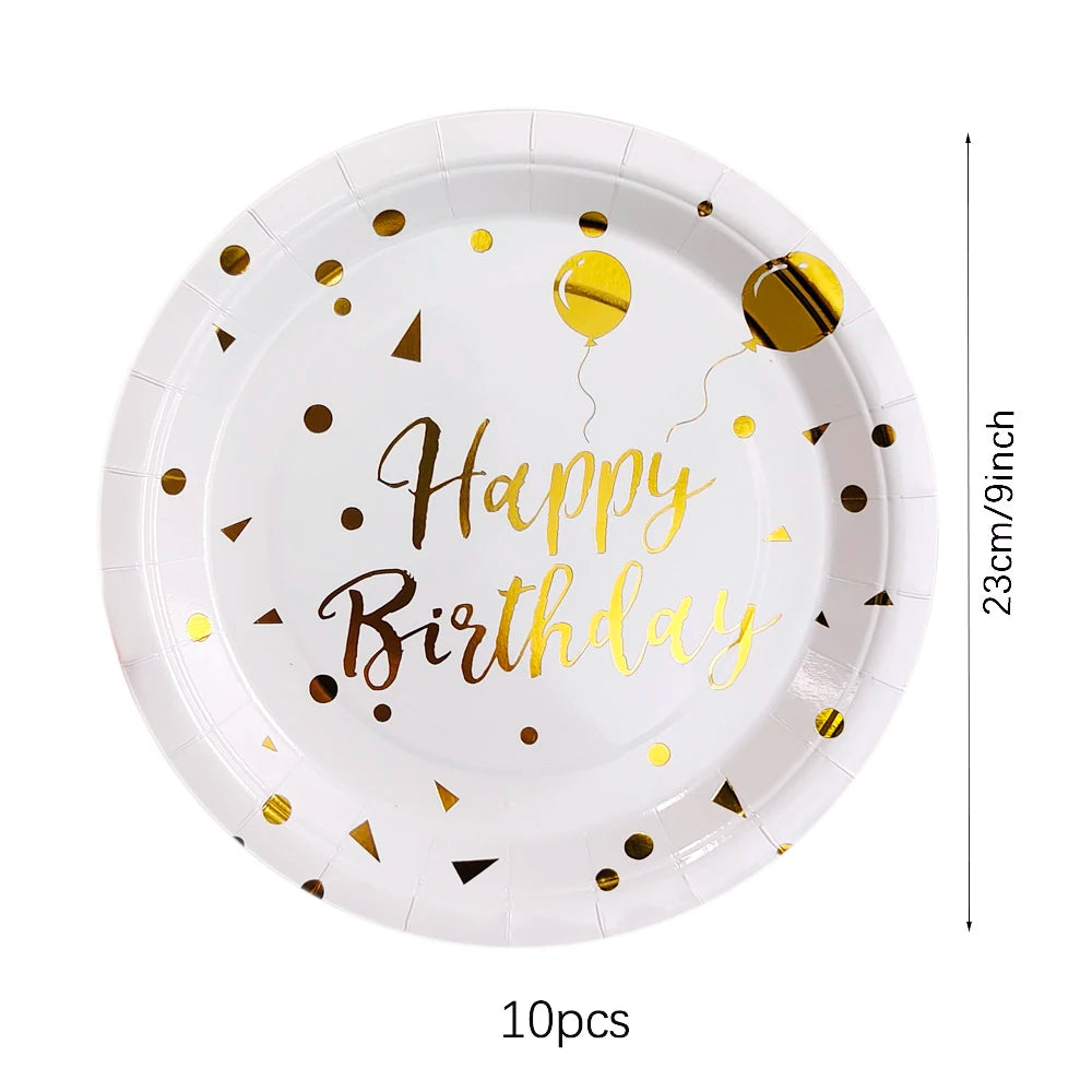 White Gold Birthday Disposable Tableware Polka Dots Paper Plate Cup Napkin Tablecloth Wedding Birthday Party Decoration Supplies