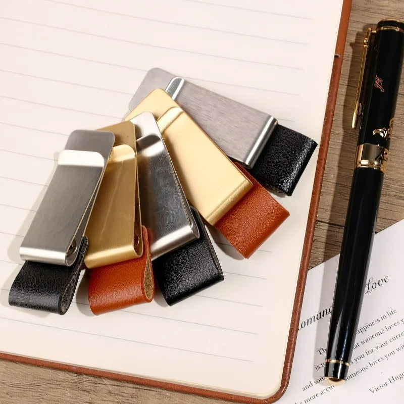 6-1PCS Stainless Steel Leather Pen Holder Pencil Clamps Notebook Bookmark Practical Organizer Clip Pen Holder Office Stationary