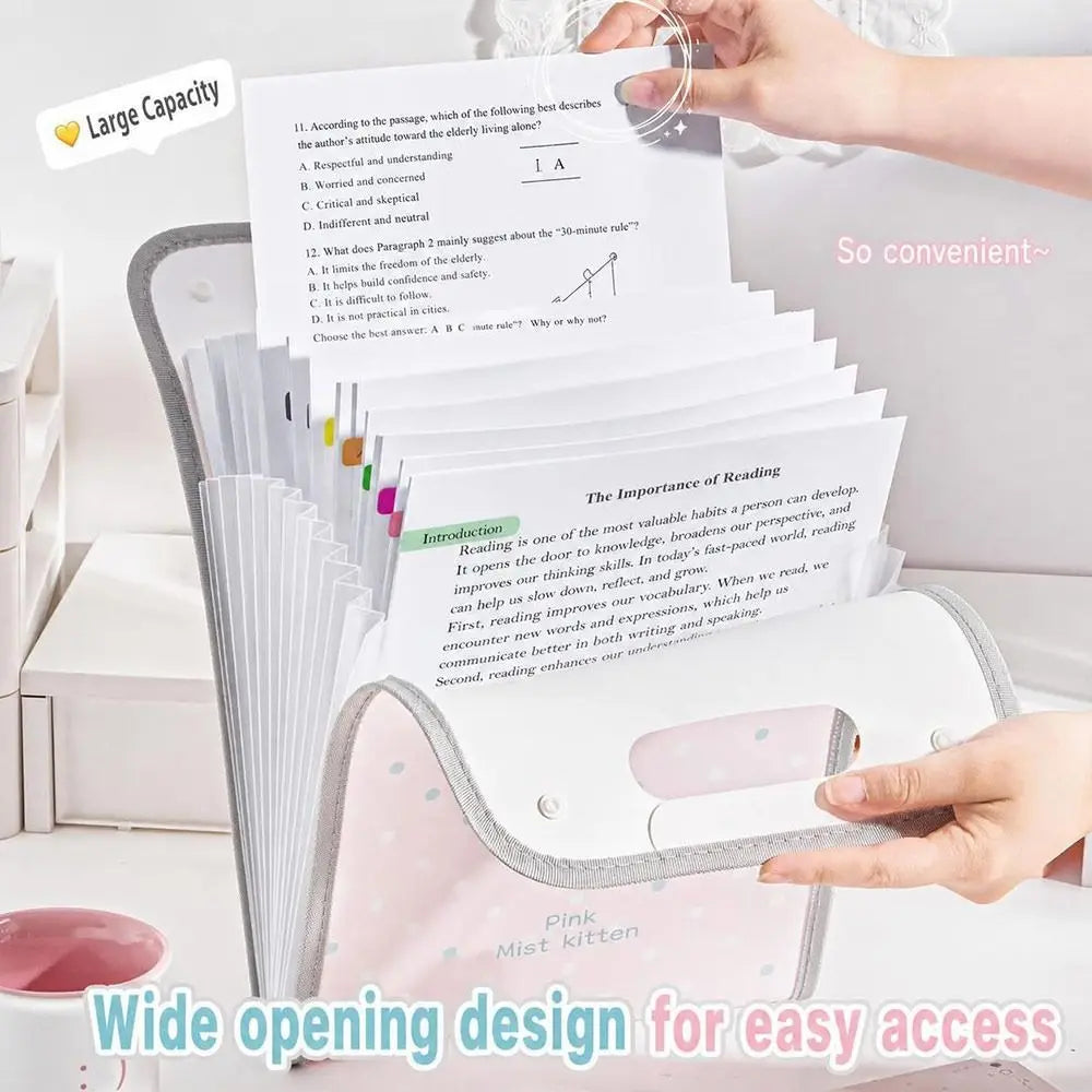 PP Accordion File Organizer Vertical Multi-Compartment Structure Expanding File Folder Portable Carry Handle Cute Pattern