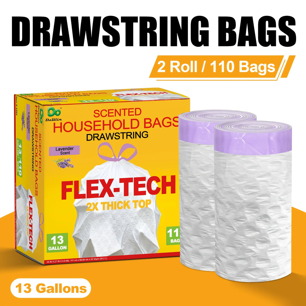 13 Gallon Lavender Scented Drawstring Trash Bags, Odor Neutralizing Household Garbage Bags, Flex-Tech 2X Reinforced Thick Top Ki