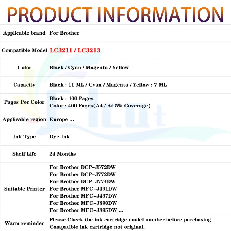 LC3213XL LC3213 LC3211 Ink Cartridge Compatible For Brother DCP-J572DW  DCP-J772DW  DCP-J774DW MFC-J491DW  MFC-J497DW Printer
