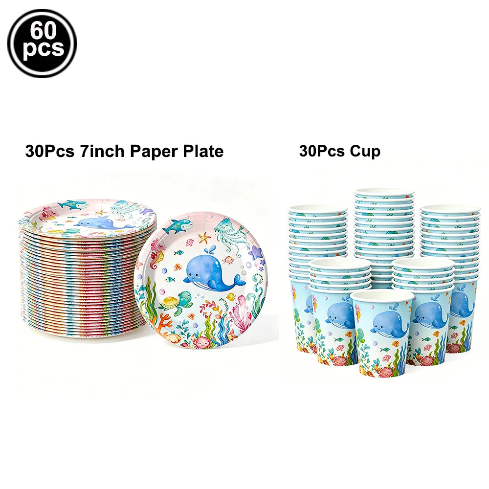Ocean Sea Birthday Party Tableware Turtle Whale Print Plates Napkins Cups for Baby Shower Ocean Party Birthday Decorations