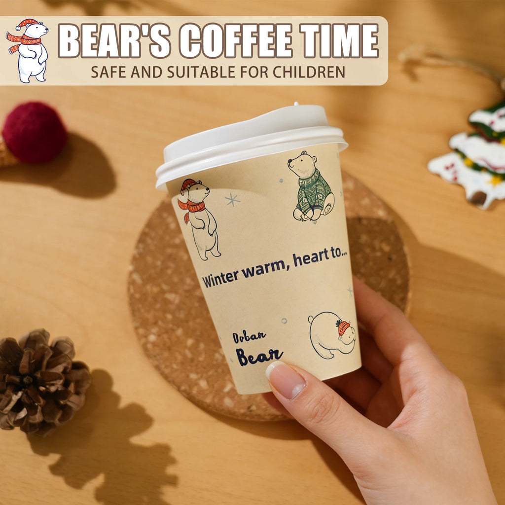 Polar Bear Patterned Disposable Paper Cups Bamboo Pulp Panda Cat Paper Cup Animal Print Coffee Cups with Lid for Home Party Use