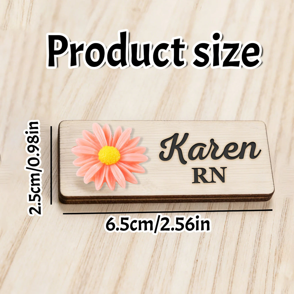 Personalized 3D Chrysanthemum Wooden Name Tag Badge with Magnetic or Pin Backing, Daisy Flower Nurse Teacher Doctor Name Tag,