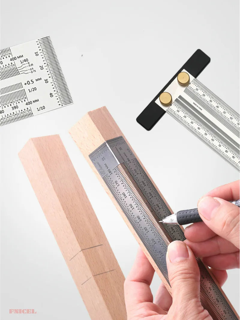 Precision Marking Ruler 200/300/400mm Stainless Steel Marking T-Rule 180mm Angle Ruler Automatic Pencil Scribing Mark Line Gauge