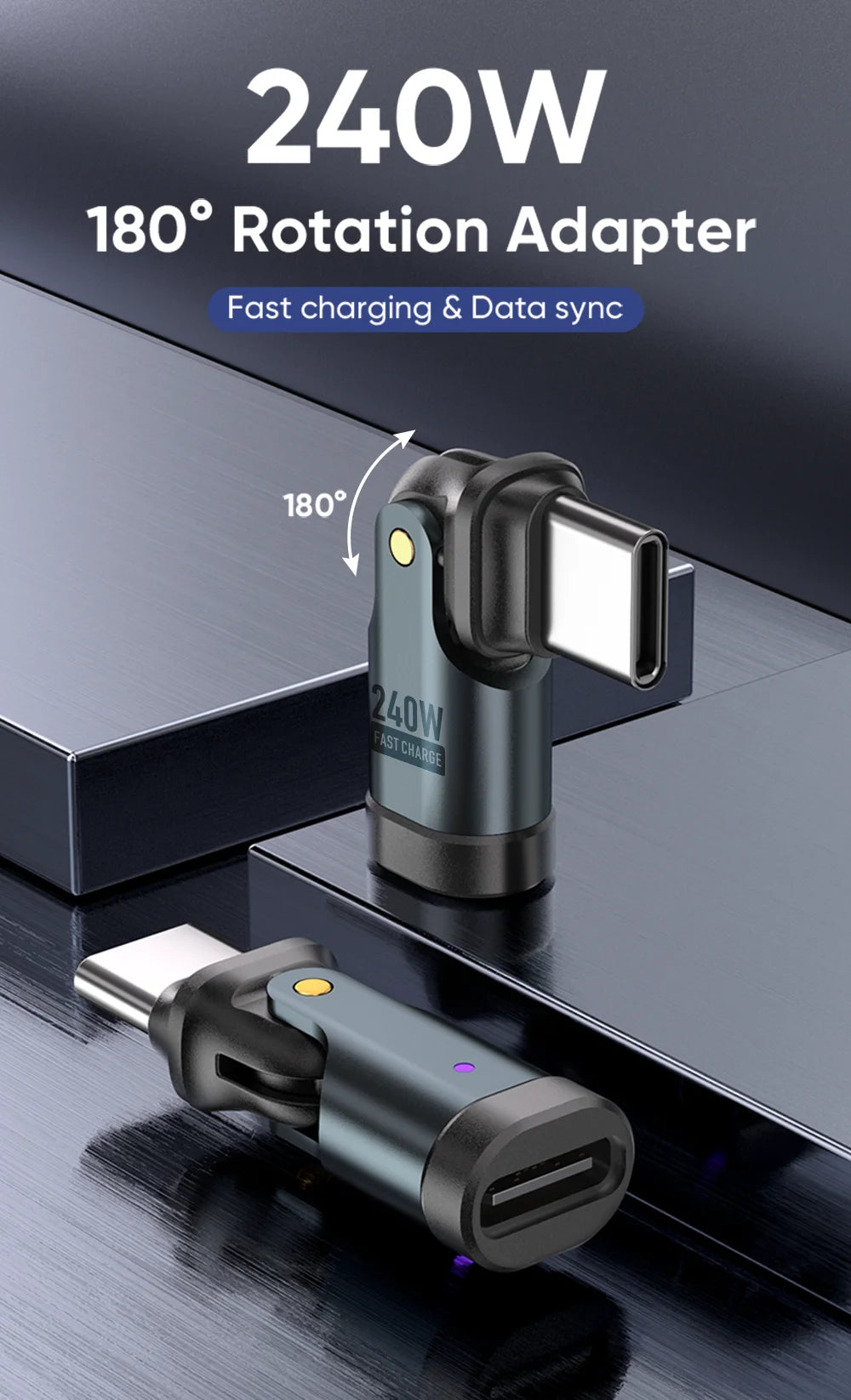 NNBILI 180 Rotation PD240W USB3.1 USBC to Type C OTG Adapter 5A Fast Charge Cable Converter for iPhone 16 MacBook Samsung Xiaomi
