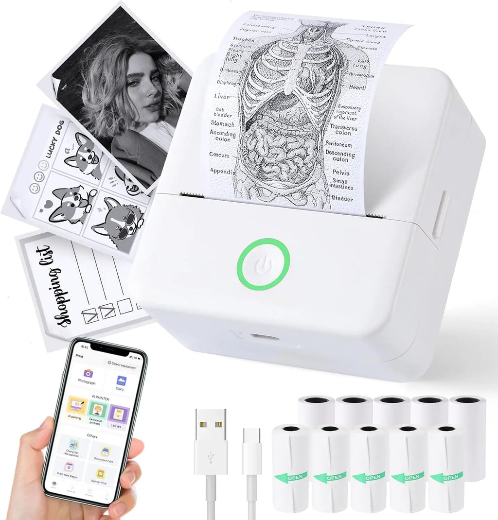 Thermal Mini Printer, Portable Inkless Sticker Maker,Bluetooth Free Cut Small Pocket Printer for Children DIY 57mm Photo Print