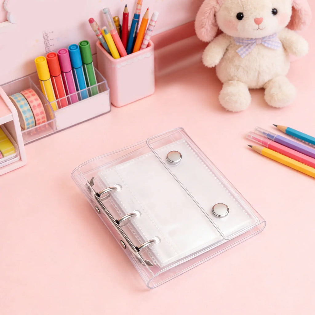 1Set Mini A8 3 Ring Transparent Binder Cover with Snap Button Pockets Soft PVC Protector for Travel School Office Budget