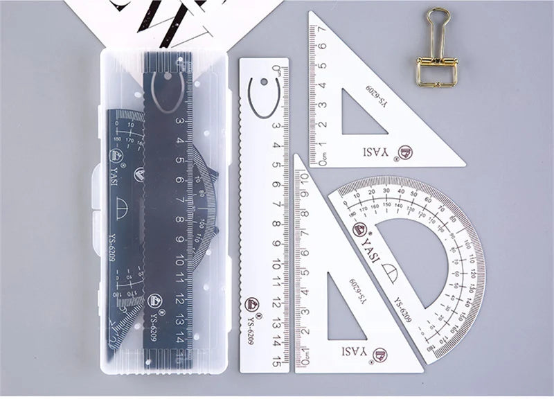 4 Pcs/Set Math Sets Metal Ruler Triangle Ruler Protractor with Box for School Student Geometry Sets