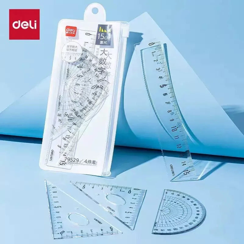 DELI Transparent Geometry Set 4 PCS Math Drawing Tools with Ruler Protractor Triangle Easy Read Measurement for Students School