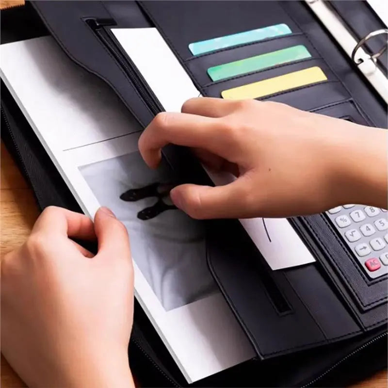 3-Ring Portfolio Binder, Leather With Pockets, Professional Organizer With Laptop Sleeve And Folder (Black)