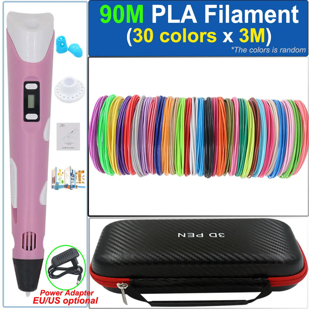 Children's 3D Pen 3D Drawing Printing Pen with LCD Screen Power Adapter 200M PLA Filament Toy Kids Christmas Birthday DIY Gift