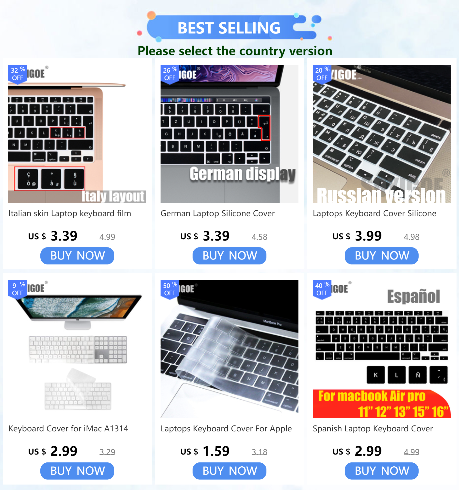 Multi-Language Keyboard Protector Compatible with for MacBook Air/Pro M5-M4 A2779,A3434,A3241 | Arabic, FR, RU, ES, IT Layouts