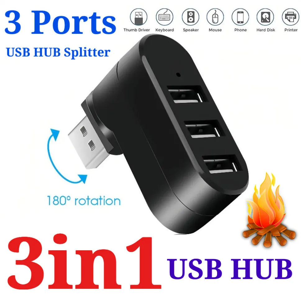 3 in 1 USB HUB 180° Rotatable USB 2.0 HUB 3 Port Multiple USB Splitter Expander For Computer Laptop MacBook U Disk Data Transfer