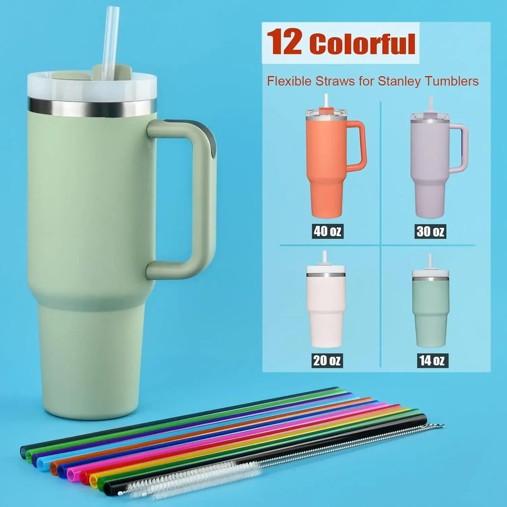 12Pcs Color Replacement Straws for Stanley 30/40 oz Tumbler , 12 in Long Reusable Plastic Straws for Stanley Cup, Plus 2 Brush