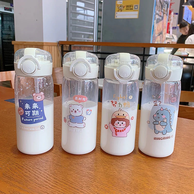 DIY 400MLSchool Bottle Plastic Customize Print Name Kid's Children Cup Straw Tube Ring Handle Easy Take Food Safety Material