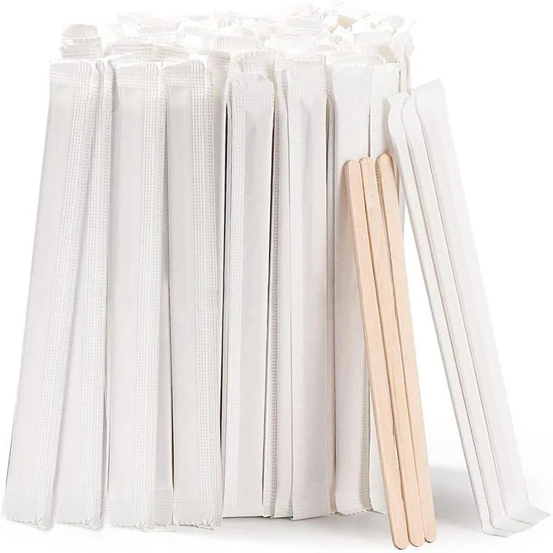 100/200/500Pcs Individually Wrapped Wooden Coffee Stirrers, 5.5-Inch Round End Disposable Stir Sticks for Cocktail & Hot Drinks