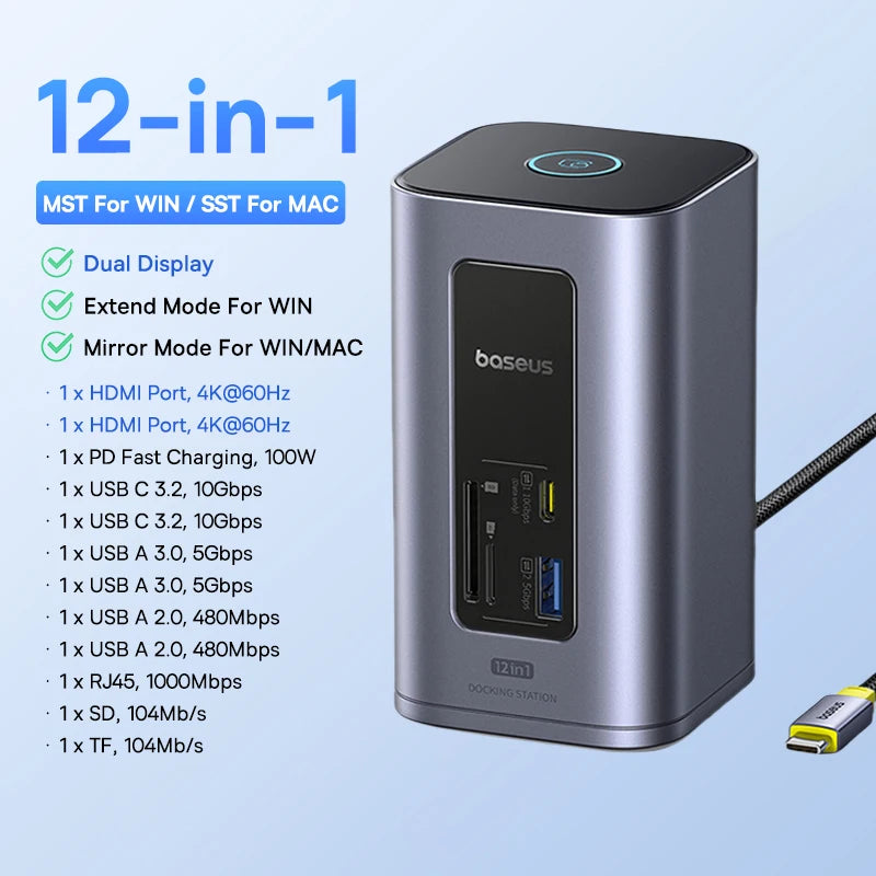 Baseus 11-IN-1 USB C HUB HDMI DP 4K@60Hz MST Triple Display USB 3.2 Splitter with RJ45 3.5mm Mic PD100W Magnetic Docking Station