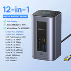 Baseus 11-IN-1 USB C HUB HDMI DP 4K@60Hz MST Triple Display USB 3.2 Splitter with RJ45 3.5mm Mic PD100W Magnetic Docking Station