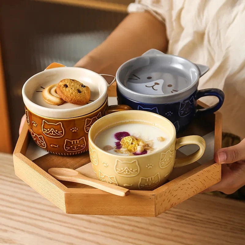 YWDL Japanese Cartoon Cat Coffee Mug With Animal Cat Pattern Lid Small Dish Cute Breakfast Cup Creative Coffee Cup Milk Cup Gift