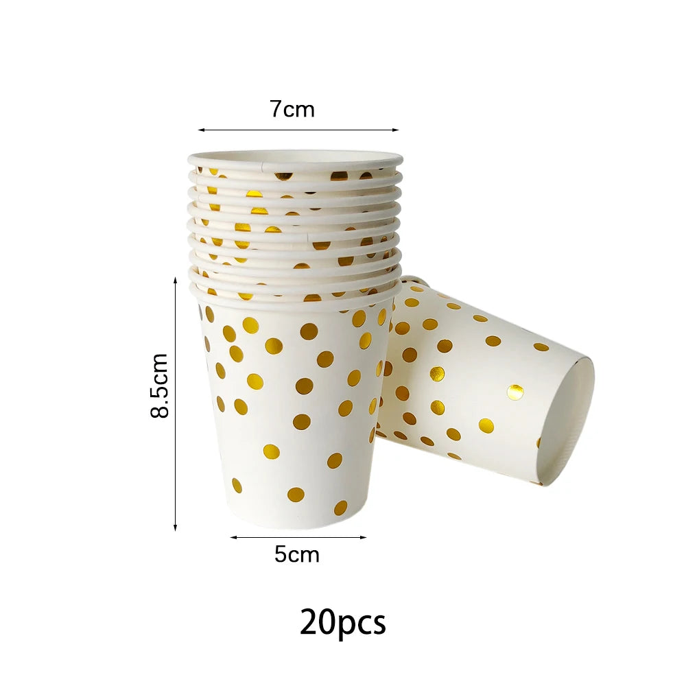 White Gold Birthday Disposable Tableware Polka Dots Paper Plate Cup Napkin Tablecloth Wedding Birthday Party Decoration Supplies