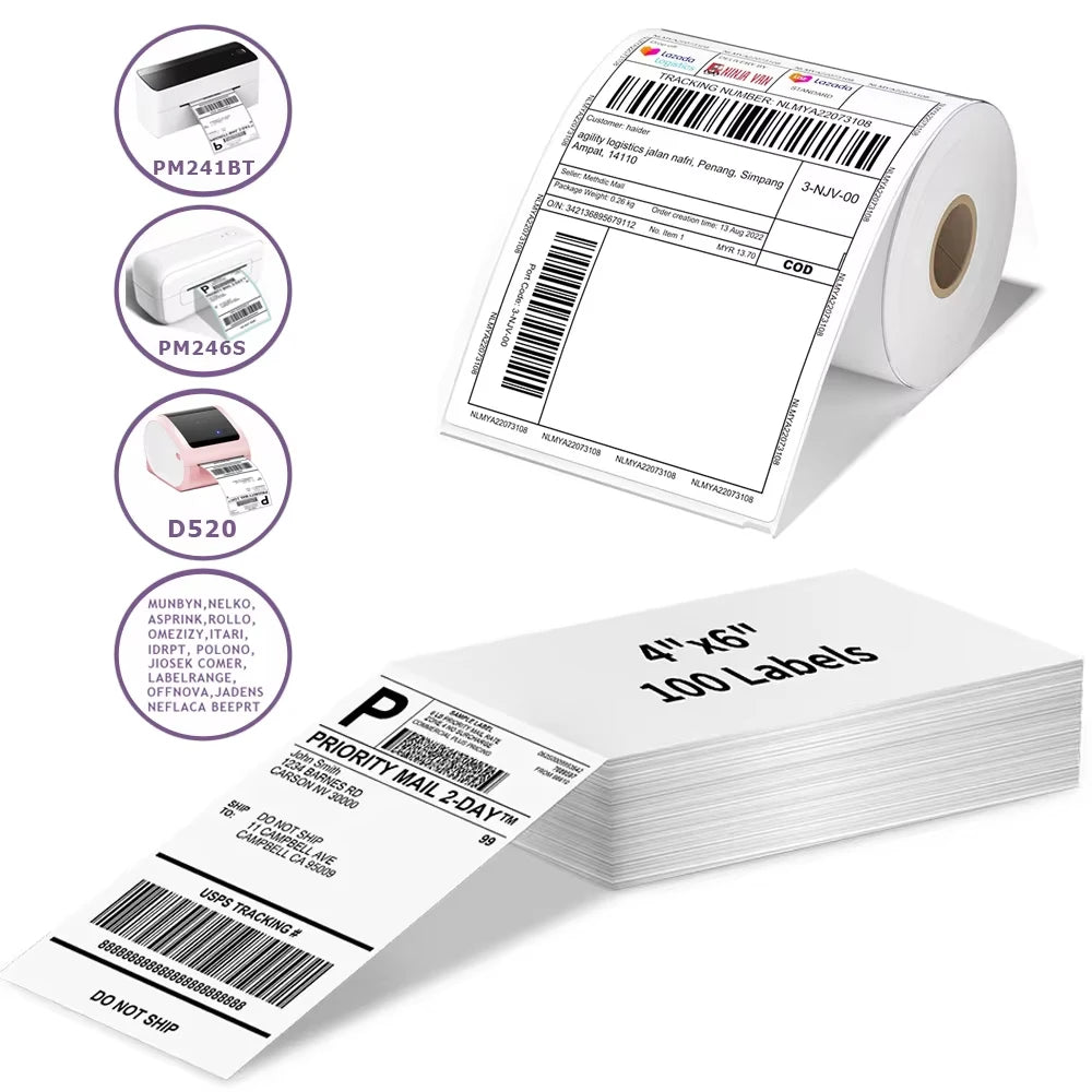 A6 Size 4x6'' 4x4'' Shipping Labels FanFold Paper 241BT 246S D520 DYMO 4XL Zebra Munbyn Nelko for LOGO Barcode